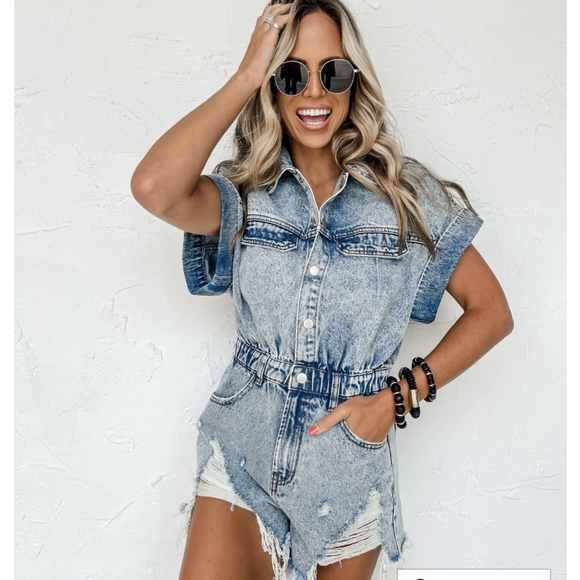 idem ditto Pants - Denim Short Sleeve Jumpsuit